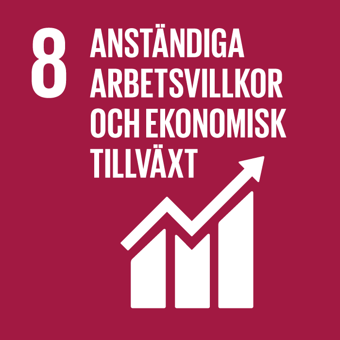 FN:s globala mål 8. Illustration som föreställer en ett stapeldiagram med en pil uppåt. Vit grafik på purpurröd bakgrund.