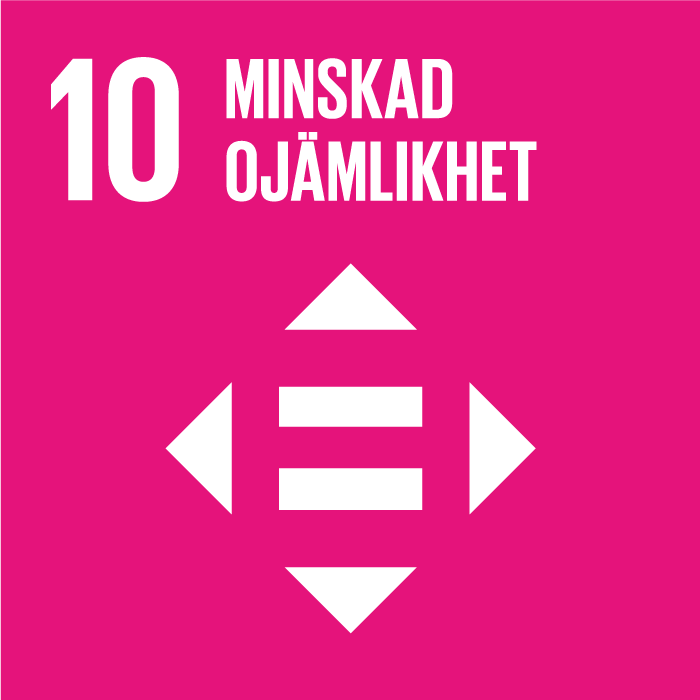 FN:s globala mål 10. Illustration som föreställer en symbol med pilar i fyra olika riktningar Vit grafik på mörkrosa bakgrund.