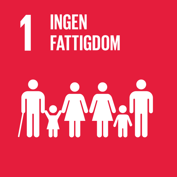 FN:s globala mål 1. Illustration som föreställer en familj. Vita figurer på en röd bakgrund.