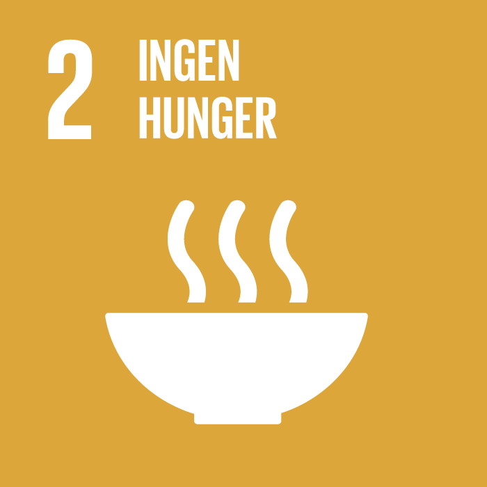 FN:s globala mål 2. Illustration som föreställer en skål med varm mat. Vit ikon på ljusbrun bakgrund.