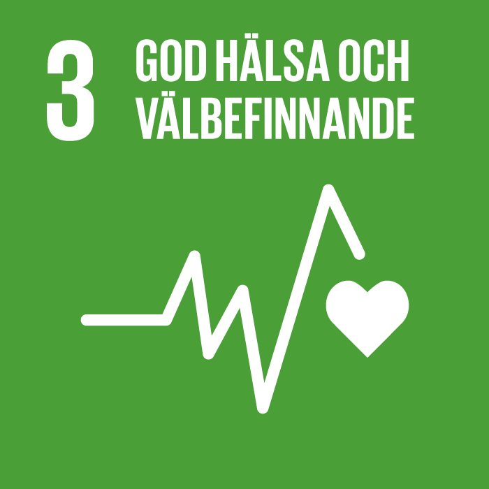 FN:s globala mål 3. Illustration som föreställer ett linjediagram som slutar på ett hjärta. Vit grafik på grön bakgrund.
