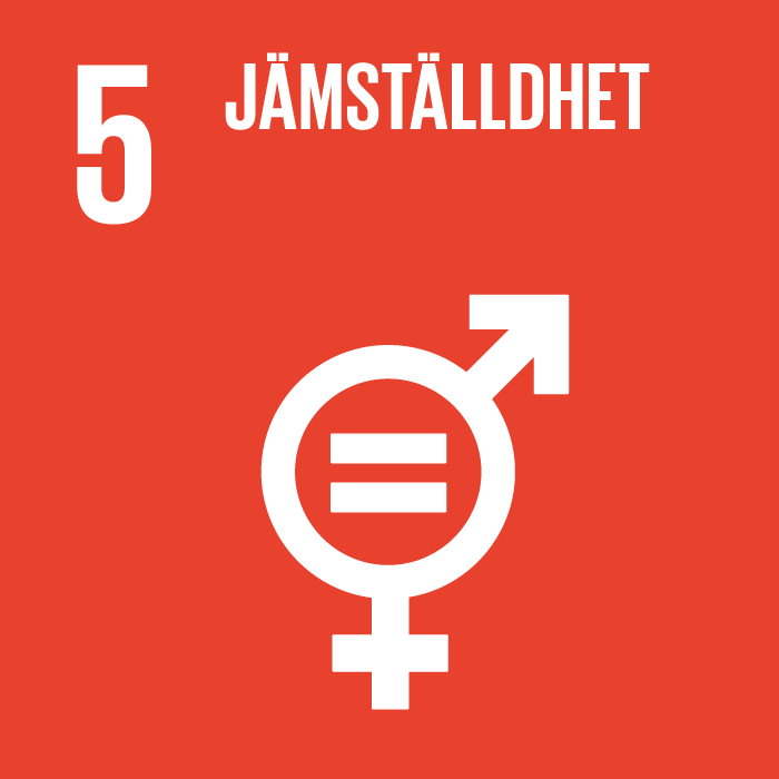 FN:s globala mål 5. Illustration som kombinerar en mans- och kvinnosymbol. Vit grafik på orange bakgrund.