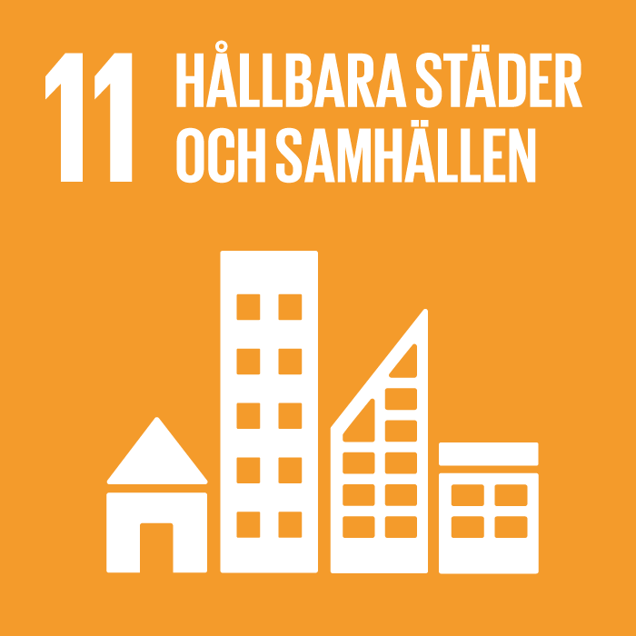 FN:s globala mål 11. Illustration som föreställer en byggnader och hus. Vit grafik på orange bakgrund.