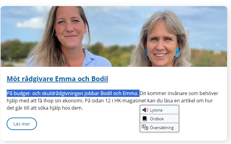 Bild av en markerad text på Höganäs hemsida med den Lyssna-knapp som dyker upp.