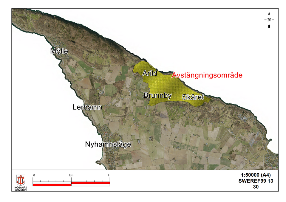 Karta över Höganäs kommun, med markering för var vattnet stängs av. Arild, Brunnby och Skäret